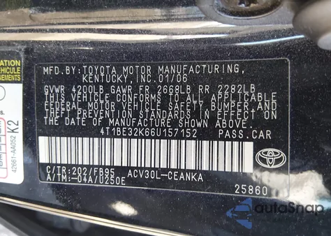 2006 Toyota Camry Le из США, поврежденный, VIN 4T1BE32K66U157152